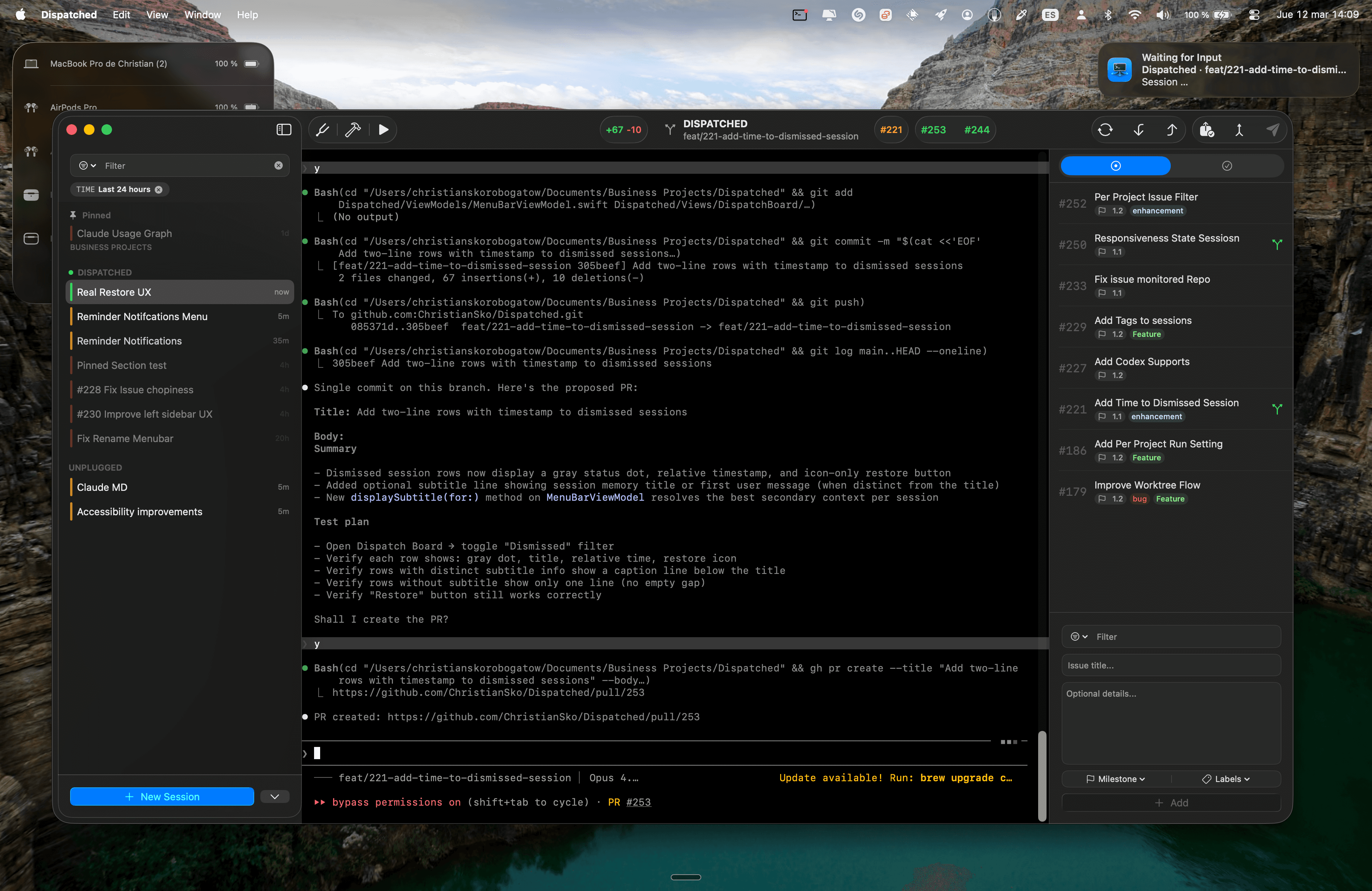 Dispatched main window showing active Claude Code session with boards, issue actions, and PR management