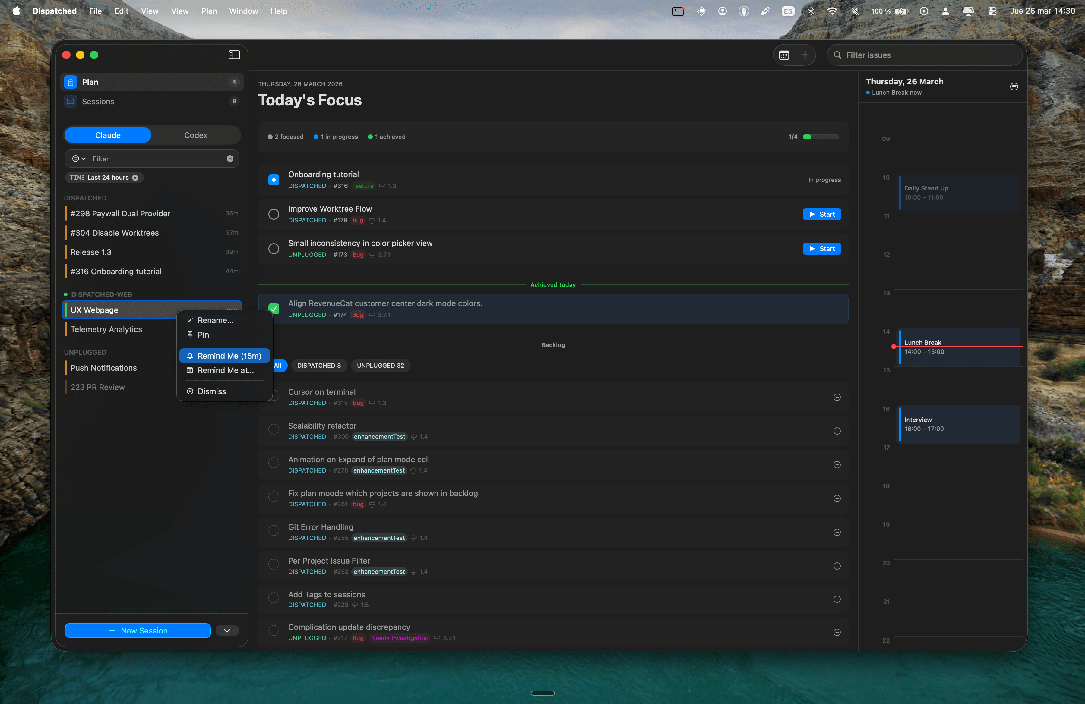 Dispatched Plan mode showing GitHub issues and project overview